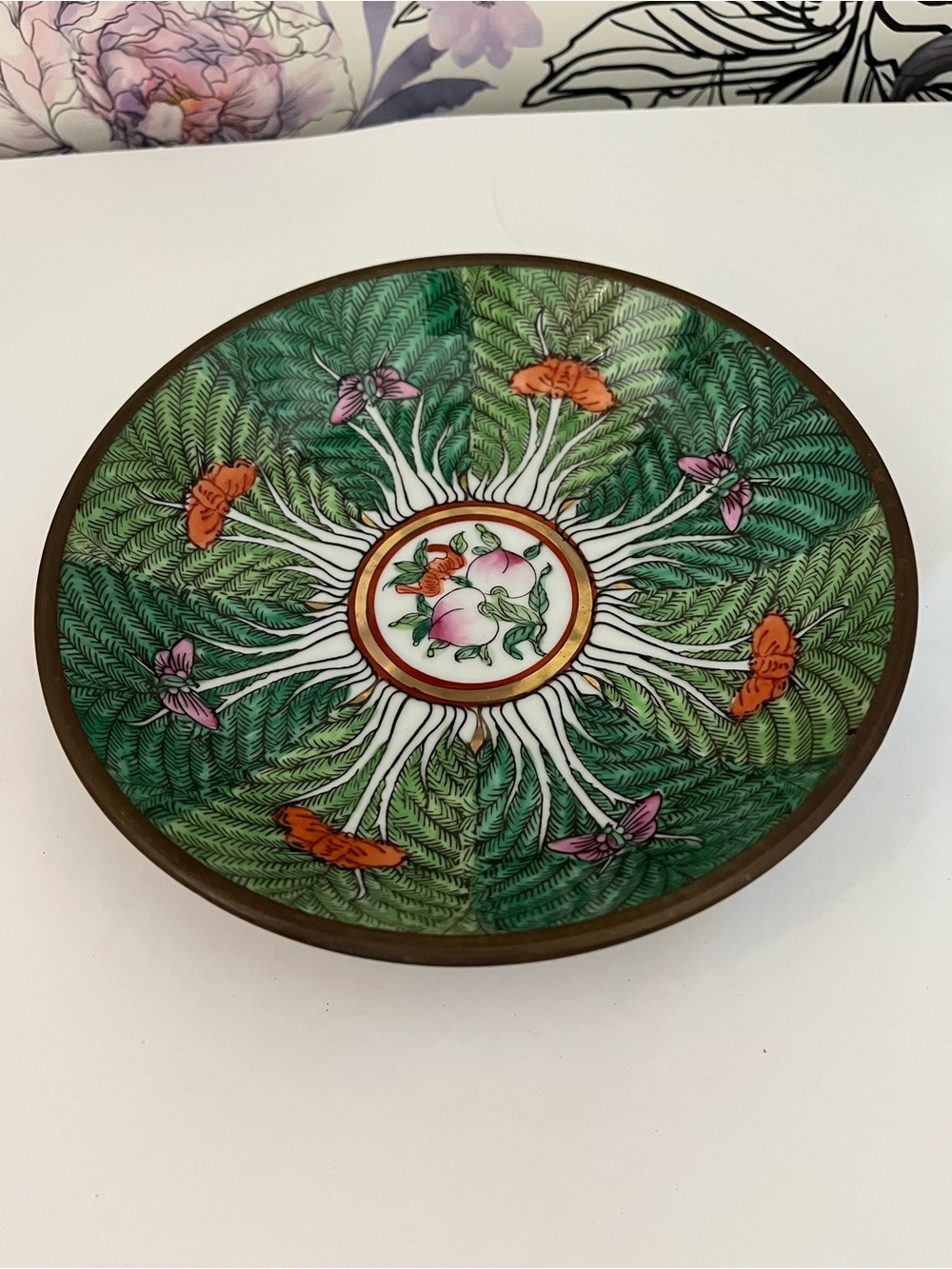 Horchow Collection Japanese Porcelin Emerald Green Cabbage Butterfly Rose bowl